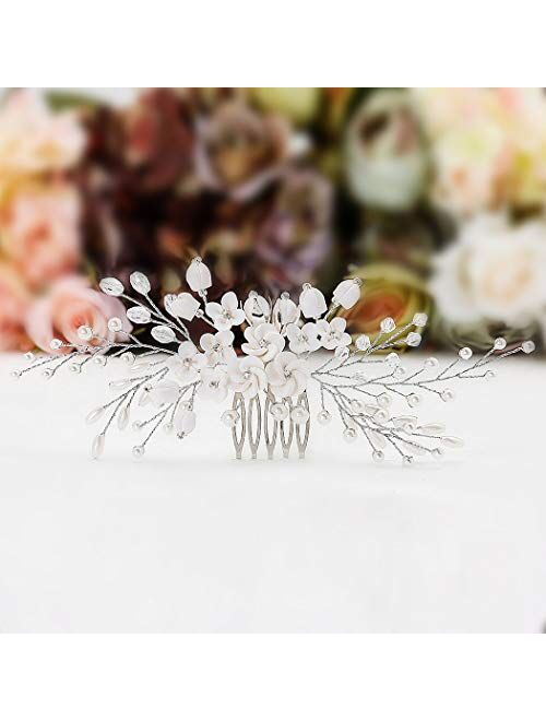 Barogirl Wedding White Flower Hair Comb Clip Crystal Bride Hair Piece Bridal Hair Accessories for Women