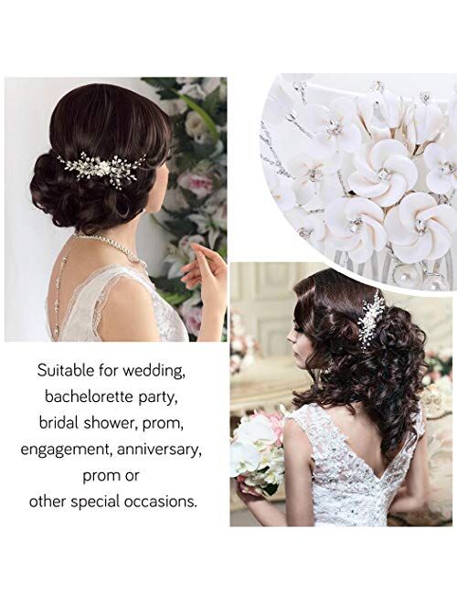 Barogirl Wedding White Flower Hair Comb Clip Crystal Bride Hair Piece Bridal Hair Accessories for Women