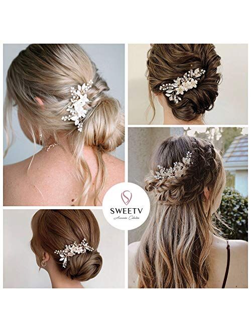 SWEETV Wedding Hair Comb Clip Bridal Crystal Wedding Hair Accessories for Brides and Bridesmaid, Gold