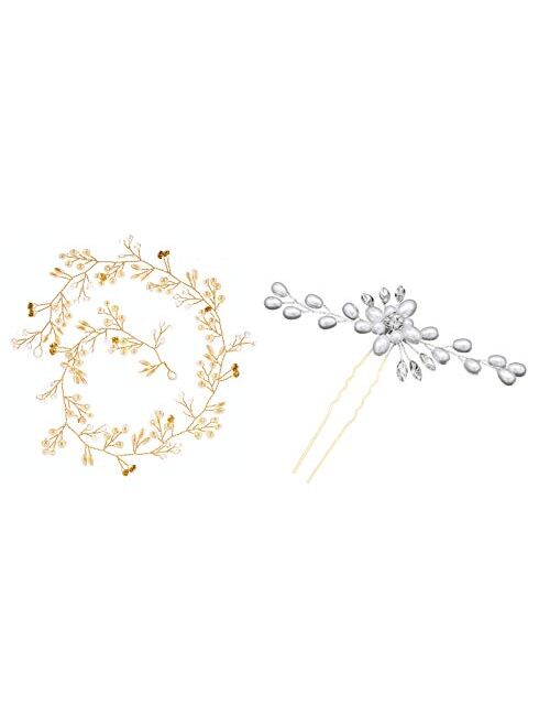 TQsuen Bridal Hair Bands Crystals Wedding Headpieces, 20 Inches Handmade Crystal Pearl Wedding Evening Party Headpiece Hair Vines Bride Wedding Hair Accessories for Bride