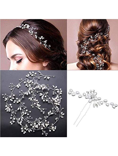 TQsuen Bridal Hair Bands Crystals Wedding Headpieces, 20 Inches Handmade Crystal Pearl Wedding Evening Party Headpiece Hair Vines Bride Wedding Hair Accessories for Bride