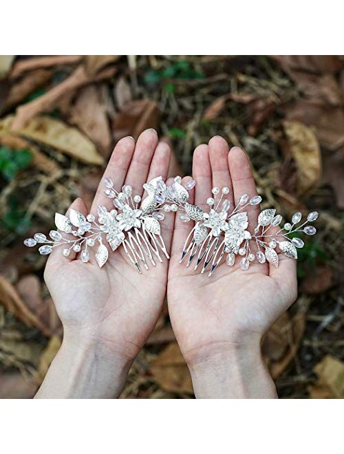 Unicra Flower Bride Wedding Hair Comb Leaf Bridal Hair Piece Pearl Crystal Headpiece for Women and Girls (2 Pcs) (Silver)