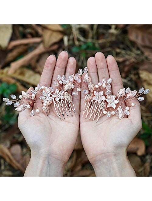 Unicra Flower Bride Wedding Hair Comb Leaf Bridal Hair Piece Pearl Crystal Headpiece for Women and Girls (2 Pcs) (Silver)