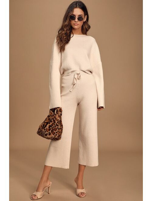 Lulus Snuggly Style Cream Ribbed Knit Wide-Leg Pants