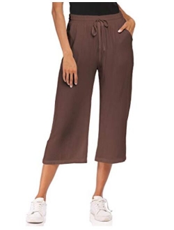 Wildtrest Women's Drawstring Cropped Wide Leg Pants Casual Loose Cotton Capri Trouser