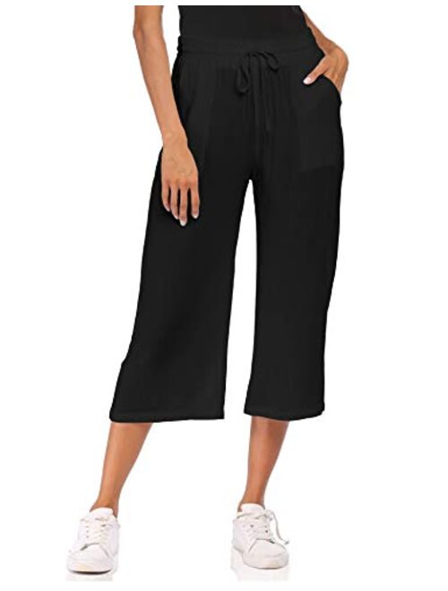 Wildtrest Women's Drawstring Cropped Wide Leg Pants Casual Loose Cotton Capri Trouser