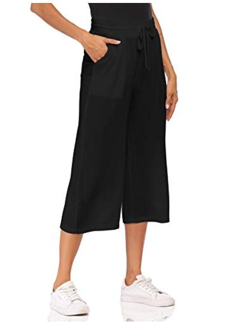 Wildtrest Women's Drawstring Cropped Wide Leg Pants Casual Loose Cotton Capri Trouser