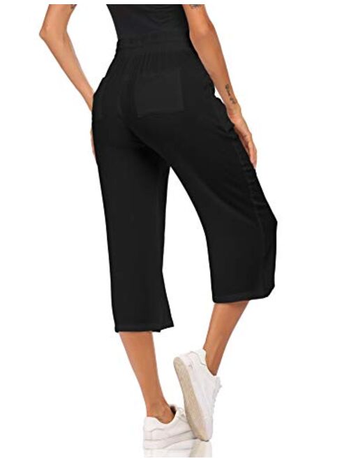 Wildtrest Women's Drawstring Cropped Wide Leg Pants Casual Loose Cotton Capri Trouser