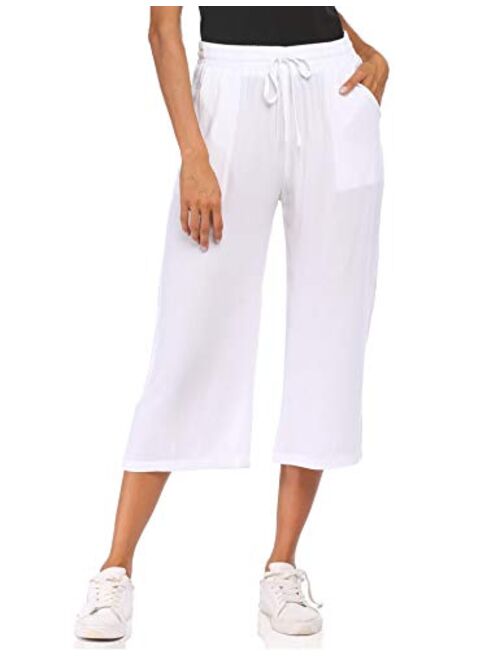 Wildtrest Women's Drawstring Cropped Wide Leg Pants Casual Loose Cotton Capri Trouser