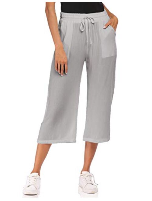 Wildtrest Women's Drawstring Cropped Wide Leg Pants Casual Loose Cotton Capri Trouser