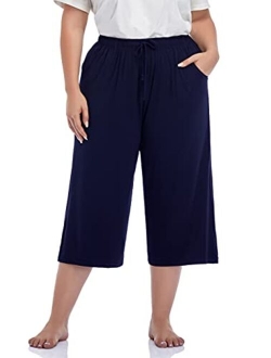 ZERDOCEAN Women's Plus Size Wide Leg Casual Lounge Pants Comfy Capris Relaxed Pajama Bottoms Drawstring Pockets