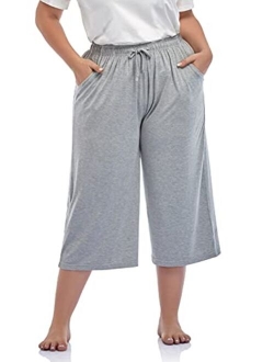 ZERDOCEAN Women's Plus Size Wide Leg Casual Lounge Pants Comfy Capris Relaxed Pajama Bottoms Drawstring Pockets