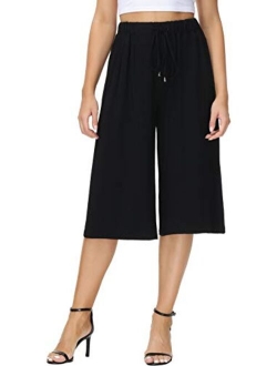 HOW'ON Women's Elastic Waist Wide Leg Casual Palazzo Capri Culottes Pants Soft Knit Cropped Pants