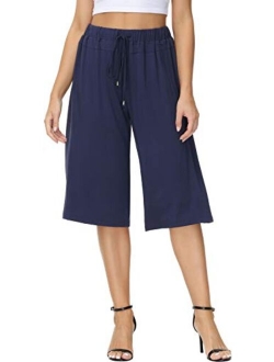 HOW'ON Women's Elastic Waist Wide Leg Casual Palazzo Capri Culottes Pants Soft Knit Cropped Pants