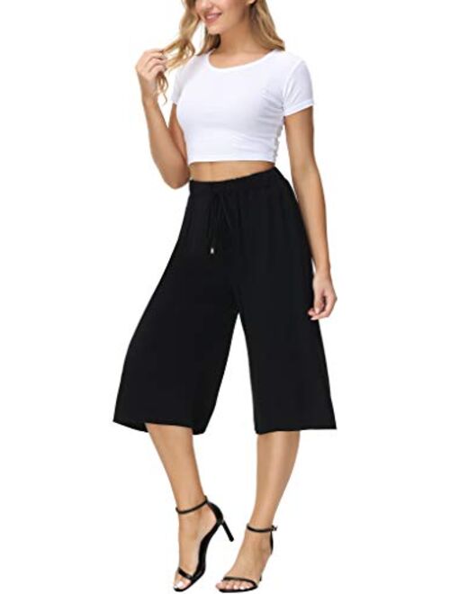 HOW'ON Women's Elastic Waist Wide Leg Casual Palazzo Capri Culottes Pants Soft Knit Cropped Pants