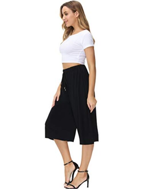 HOW'ON Women's Elastic Waist Wide Leg Casual Palazzo Capri Culottes Pants Soft Knit Cropped Pants