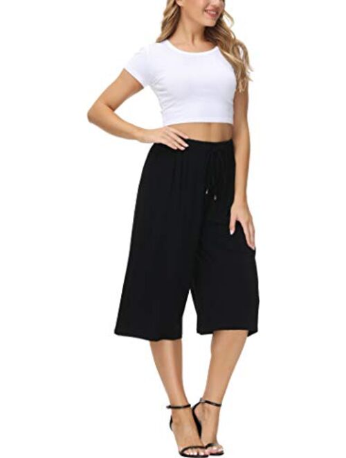 HOW'ON Women's Elastic Waist Wide Leg Casual Palazzo Capri Culottes Pants Soft Knit Cropped Pants