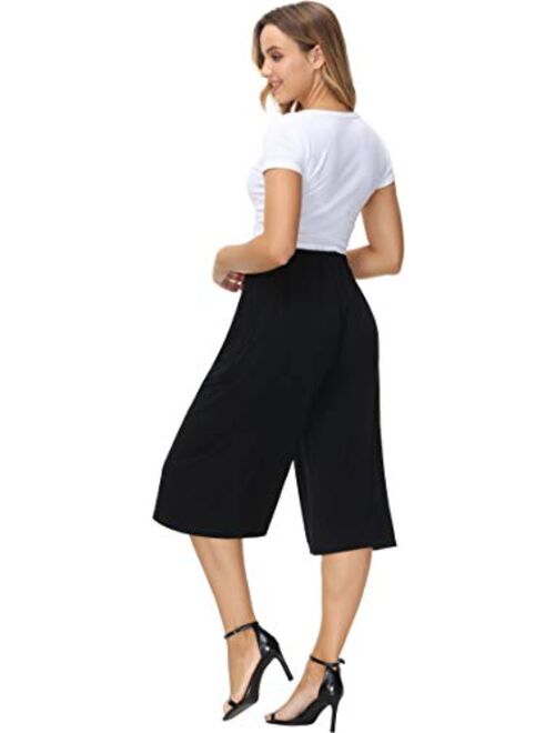 HOW'ON Women's Elastic Waist Wide Leg Casual Palazzo Capri Culottes Pants Soft Knit Cropped Pants