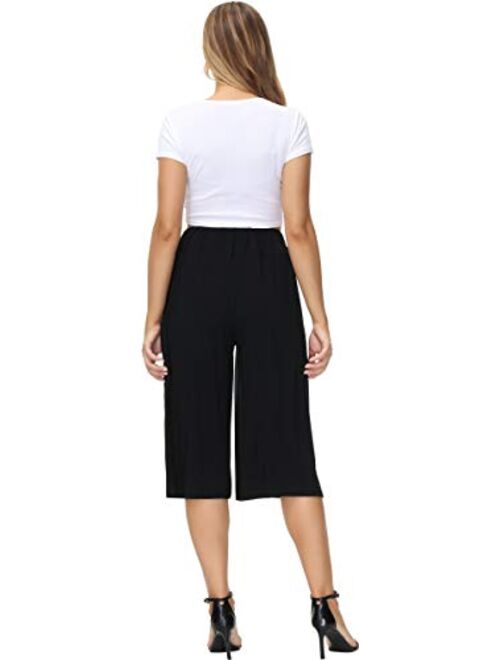 HOW'ON Women's Elastic Waist Wide Leg Casual Palazzo Capri Culottes Pants Soft Knit Cropped Pants