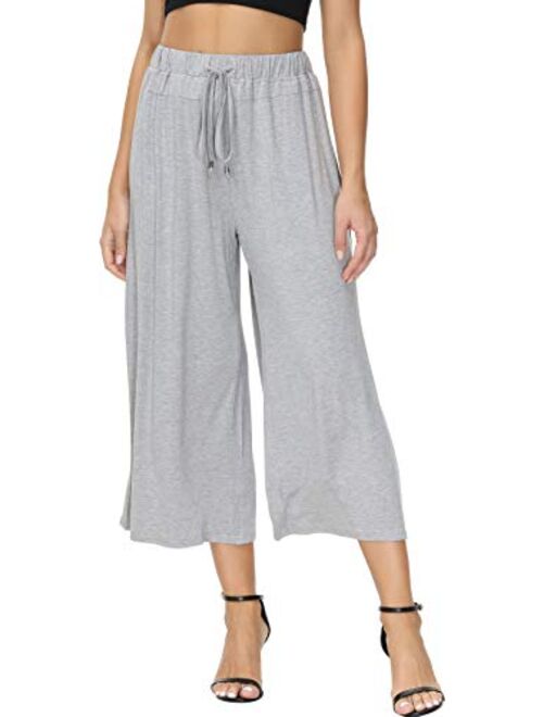 HOW'ON Women's Elastic Waist Wide Leg Casual Palazzo Capri Culottes Pants Soft Knit Cropped Pants