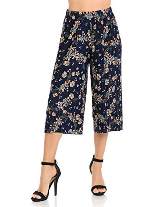 Auliné Collection Womens Pleated High Waist Wide Leg Cropped Capri Culotte Pants