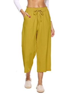 LNX Womens Linen Pants High Waisted Wide Leg Drawstring Casual Loose Trousers with Pockets