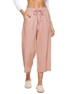 LNX Womens Linen Pants High Waisted Wide Leg Drawstring Casual Loose Trousers with Pockets