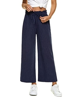 LNX Womens Linen Pants High Waisted Wide Leg Drawstring Casual Loose Trousers with Pockets