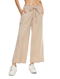 LNX Womens Linen Pants High Waisted Wide Leg Drawstring Casual Loose Trousers with Pockets