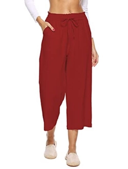 LNX Womens Linen Pants High Waisted Wide Leg Drawstring Casual Loose Trousers with Pockets