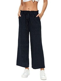 LNX Womens Linen Pants High Waisted Wide Leg Drawstring Casual Loose Trousers with Pockets