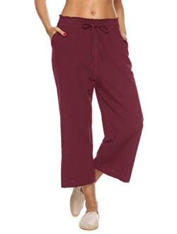 LNX Womens Linen Pants High Waisted Wide Leg Drawstring Casual Loose Trousers with Pockets