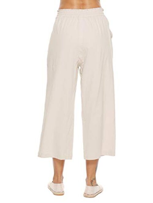 LNX Womens Linen Pants High Waisted Wide Leg Drawstring Casual Loose Trousers with Pockets