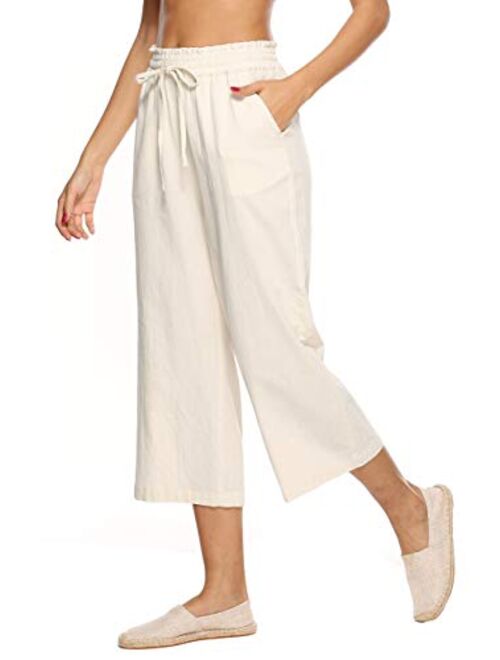 LNX Womens Linen Pants High Waisted Wide Leg Drawstring Casual Loose Trousers with Pockets