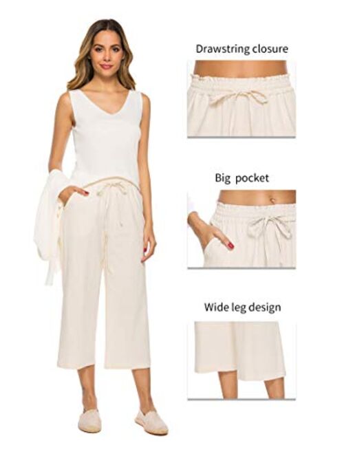 LNX Womens Linen Pants High Waisted Wide Leg Drawstring Casual Loose Trousers with Pockets