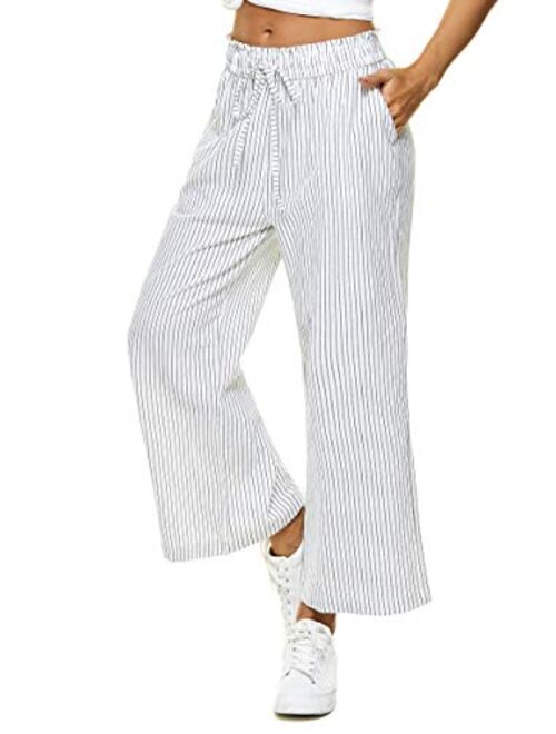 LNX Womens Linen Pants High Waisted Wide Leg Drawstring Casual Loose Trousers with Pockets