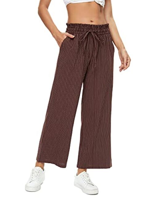 LNX Womens Linen Pants High Waisted Wide Leg Drawstring Casual Loose Trousers with Pockets