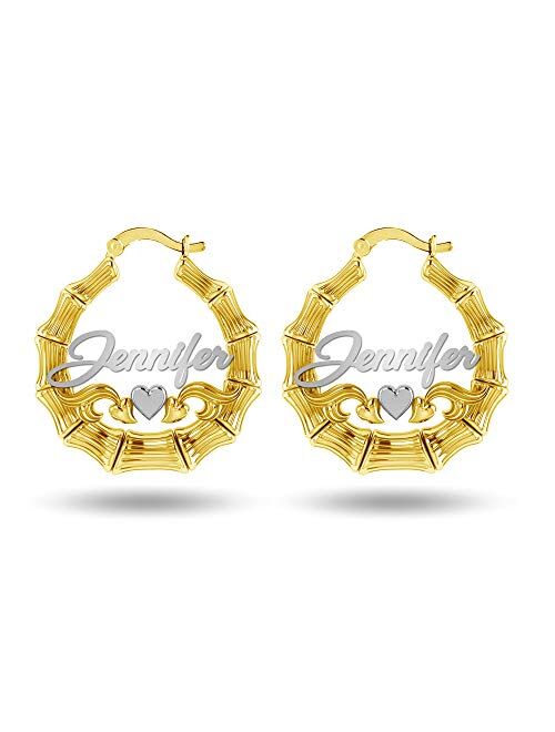 Personalized Customized Sterling Silver Two-Tone Bamboo Name Hoop Earrings for Women Teen