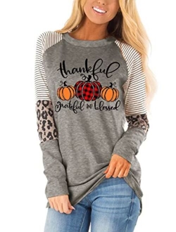 Thankful Grateful Blessed Shirts Women Plaid Pumpkin Thanksgiving T-Shirt Leopard Stripe Color Block Fall Tshirts