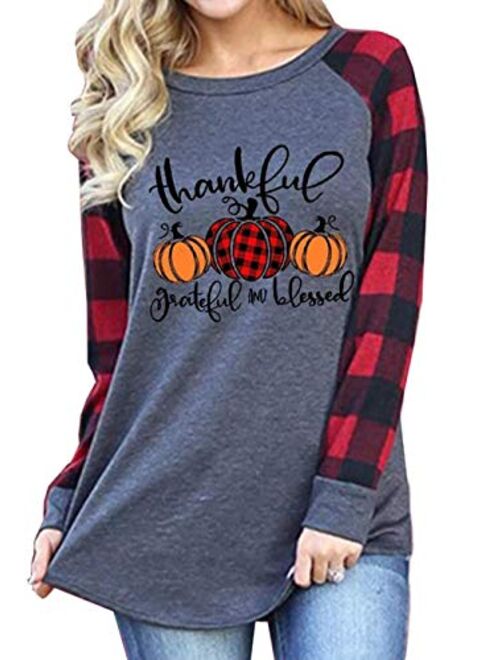 Thankful Grateful Blessed Shirts Women Plaid Pumpkin Thanksgiving T-Shirt Leopard Stripe Color Block Fall Tshirts