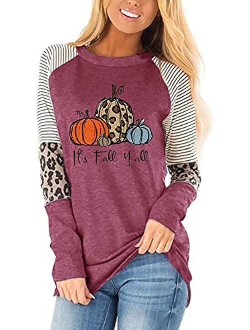 Thankful Grateful Blessed Shirts Women Plaid Pumpkin Thanksgiving T-Shirt Leopard Stripe Color Block Fall Tshirts