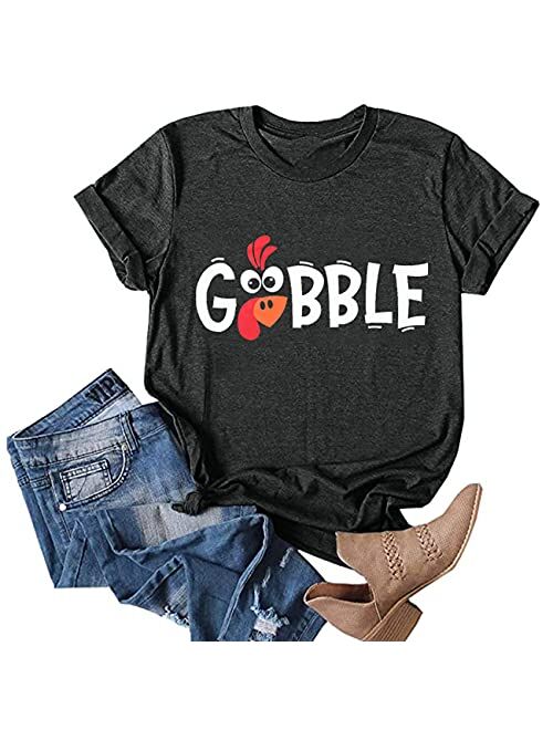 Gobble Gobble Thanksgiving T-Shirt Women Funny Turkey Graphic Print Shirts Thanksgiving Gift Fall Tee Top