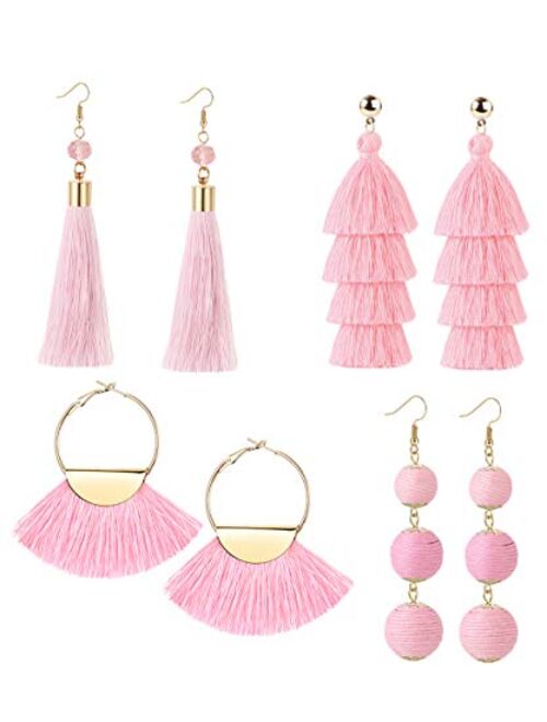 LOYALLOOK 4Pairs Tassel Earrings For Women Fan Shape Tassel Earrings Long Thread Tassel Earrings Bohemian Fringe Drop Handmade Earrings