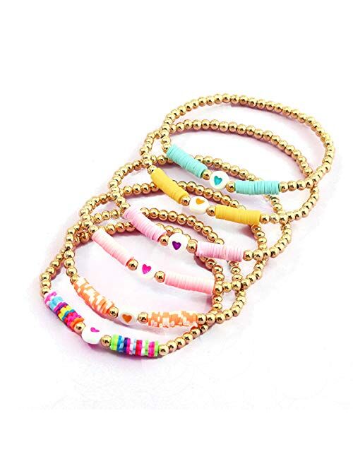 COLORFUL BLING 6Pcs/Pack Gold Beaded Bracelet Rainbow Vinyl Disc Ball Srting Stretch Heart Shaped Bracelets Cuff Bangle Set for Women Girls Jewelry