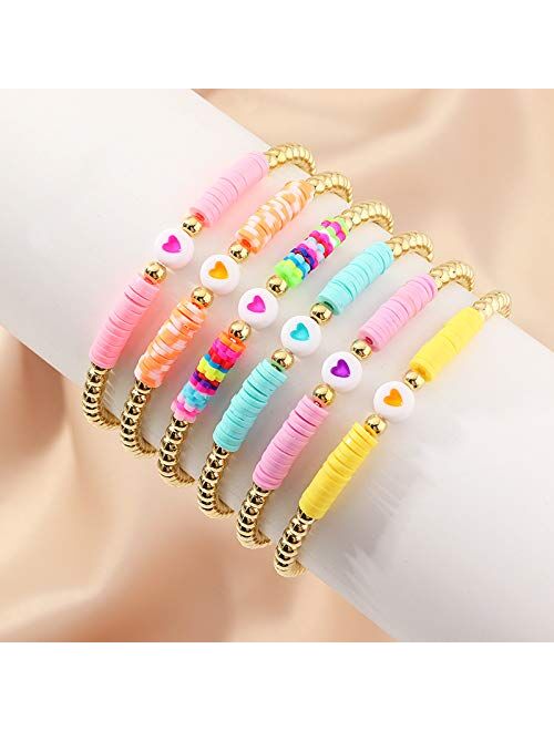 COLORFUL BLING 6Pcs/Pack Gold Beaded Bracelet Rainbow Vinyl Disc Ball Srting Stretch Heart Shaped Bracelets Cuff Bangle Set for Women Girls Jewelry