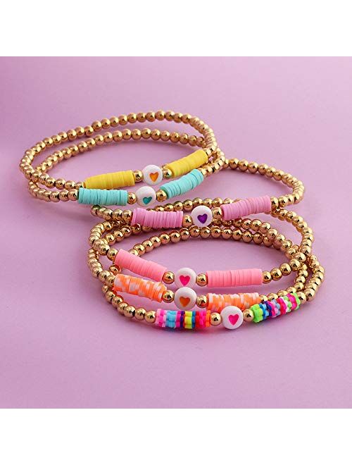 COLORFUL BLING 6Pcs/Pack Gold Beaded Bracelet Rainbow Vinyl Disc Ball Srting Stretch Heart Shaped Bracelets Cuff Bangle Set for Women Girls Jewelry