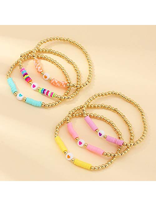 COLORFUL BLING 6Pcs/Pack Gold Beaded Bracelet Rainbow Vinyl Disc Ball Srting Stretch Heart Shaped Bracelets Cuff Bangle Set for Women Girls Jewelry