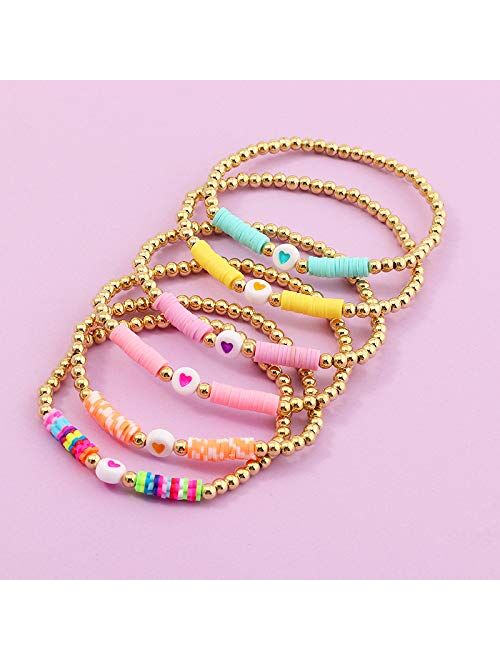 COLORFUL BLING 6Pcs/Pack Gold Beaded Bracelet Rainbow Vinyl Disc Ball Srting Stretch Heart Shaped Bracelets Cuff Bangle Set for Women Girls Jewelry