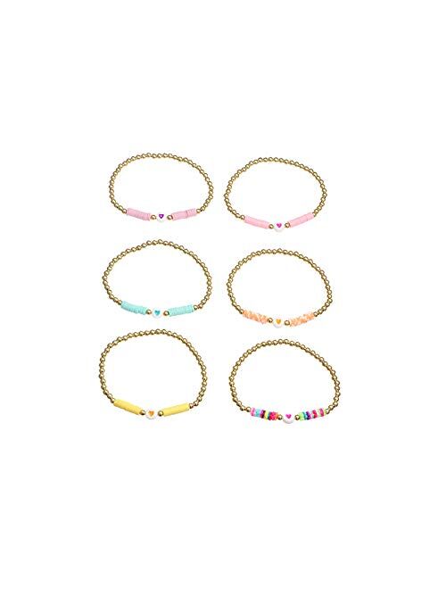 COLORFUL BLING 6Pcs/Pack Gold Beaded Bracelet Rainbow Vinyl Disc Ball Srting Stretch Heart Shaped Bracelets Cuff Bangle Set for Women Girls Jewelry