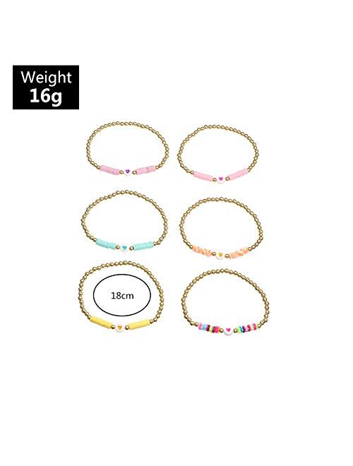 COLORFUL BLING 6Pcs/Pack Gold Beaded Bracelet Rainbow Vinyl Disc Ball Srting Stretch Heart Shaped Bracelets Cuff Bangle Set for Women Girls Jewelry